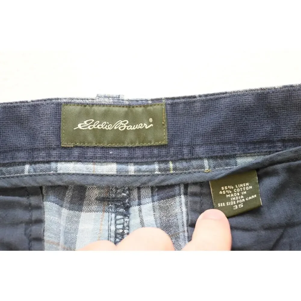 Eddie Bauer Linen Blend Shorts Relaxed Plaid Outdoors Hiking Camp‎ Mens Size 35